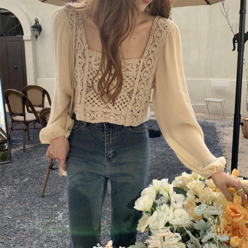 Crop Top Crochet - 573B Camisas manga larga abombadas gasa