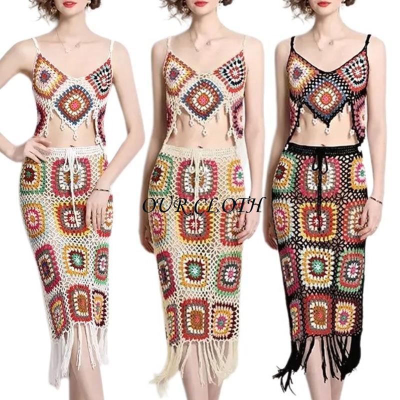 Crop Top Crochet - Conjunto falda con borlas y Top