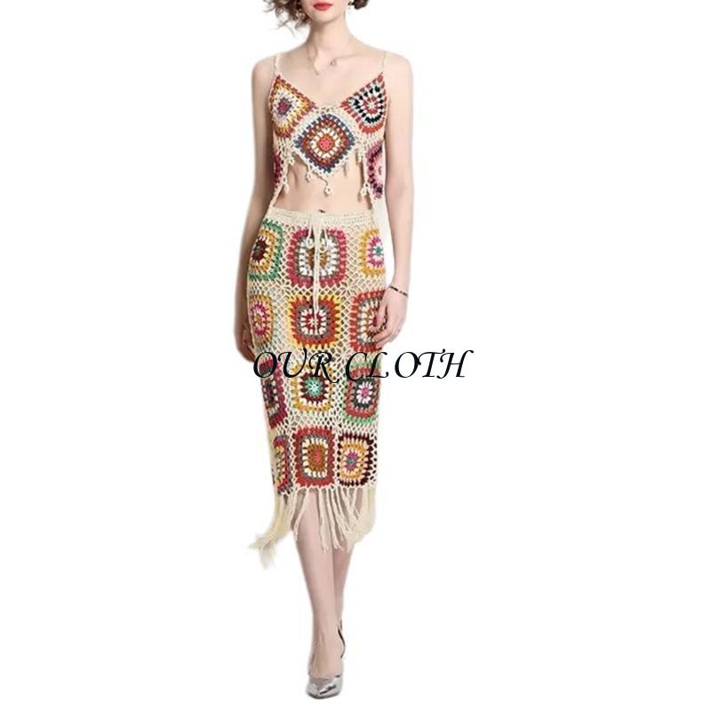 Conjunto falda con borlas y To - Crop Top Crochet reseña y precio