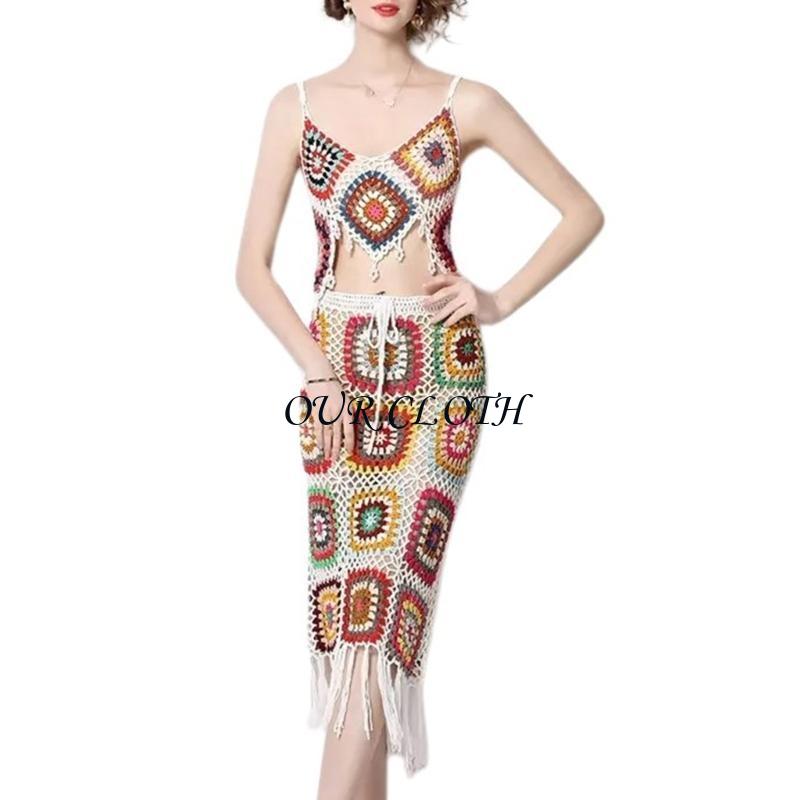 Conjunto falda con borlas y To - Crop Top Crochet reseña y precio