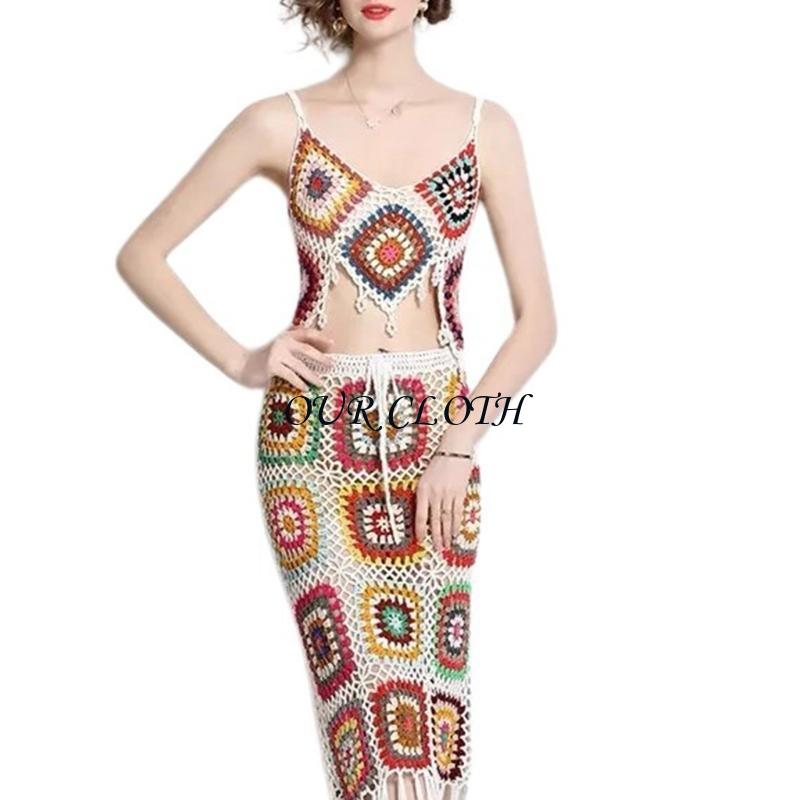 Conjunto falda con borlas y To - Crop Top Crochet reseña y precio